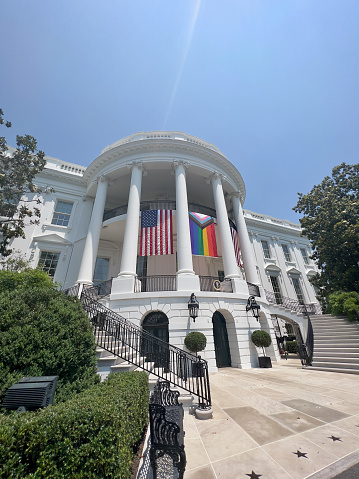 South side of the White House where the American flag and rainbow flag were raised.