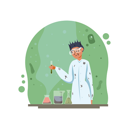 Woman in white stained dressing gown and goggles holds flask. Unsuccessful experiment. Scientists standing near test tubes and add reagents. Flat vector illustration in green colors