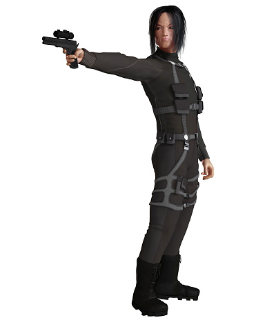 Illustration of a male Asian assassin dressed in black carrying a gun and shooting sideways, 3d digitally rendered illustration