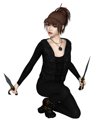 Illustration of a kneeling female Asian assassin dressed in black carrying two swords, 3d digitally rendered illustration