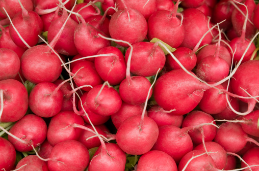 Many fresh radishes at a market stall