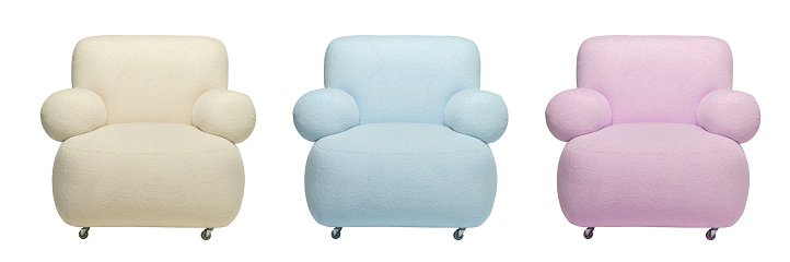 Three soft armchairs in different colors of pastel shades of pink and blue on a white background.
