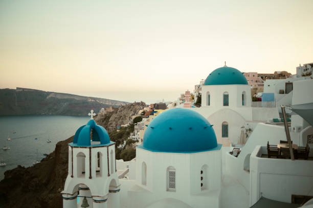 istock Blue dome church landmark in Santorini, Greece 1740826894