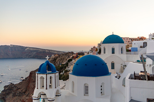 Blue dome church landmark in Santorini, Greece