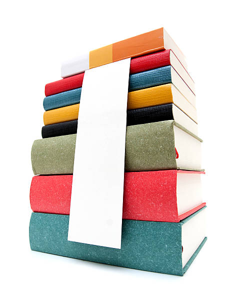 Pile of books with blank lable isolated on white background