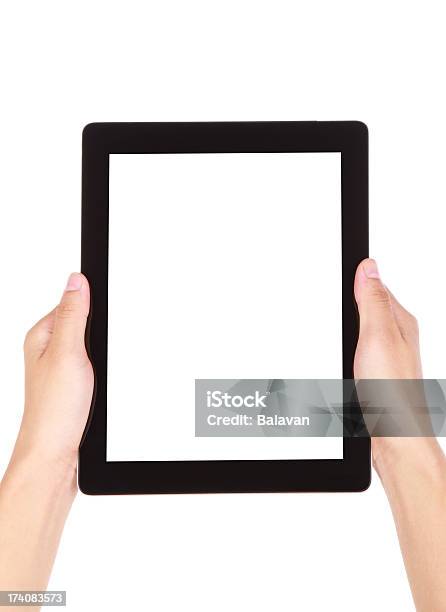 Foto de Mão Segurando A Tablet Digital Com Tela Em Branco Sobre Fundo Branco e mais fotos de stock de A caminho