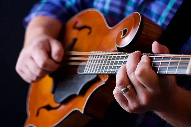 Detail image of a musician playing a mandolin.