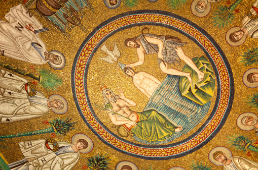 Close-up of byzantine mosaic of the dome of Arians Baptistery. Ravenna. Italy.