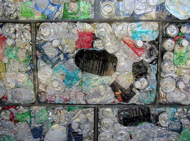 istock Decorative panels made of squashed compressed aluminum drink cans and epoxy resin 1740855855