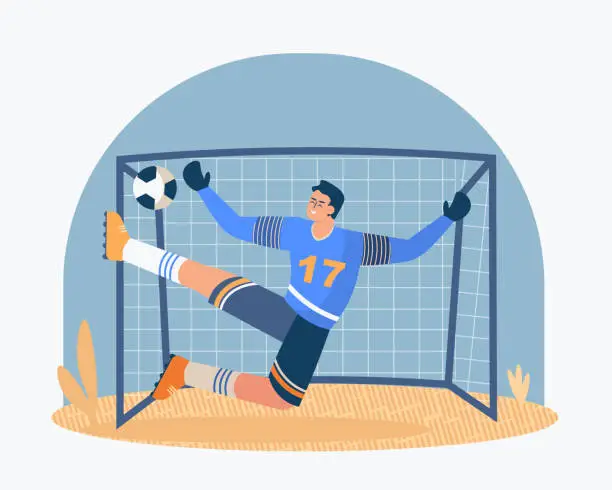 Vector illustration of Football player in uniform and protective gloves playing game. Goalkeeper catches ball