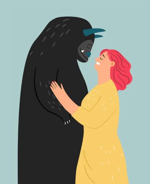 Vector illustration of Friendship with fear in the form of a friendly monster. Woman's triumph over her anxiety