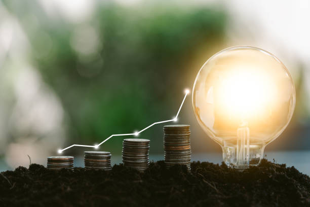 istock Step stacked coins and light bulbs on the soil with a step up graph 1740865558
