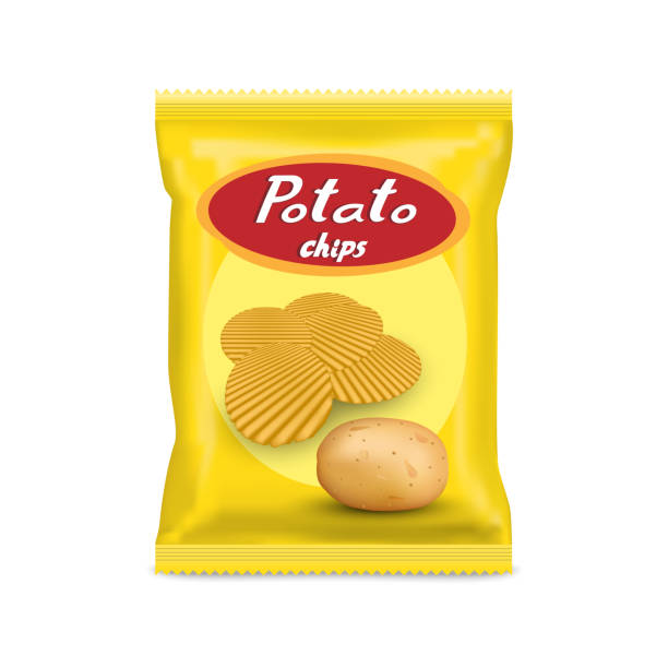 ilustraciones, imágenes clip art, dibujos animados e iconos de stock de paquete de maqueta realista de paquete de papas fritas amarillas con etiqueta aislada sobre fondo blanco, bolsas de papel de aluminio con bocadillo de papa. - cesta
