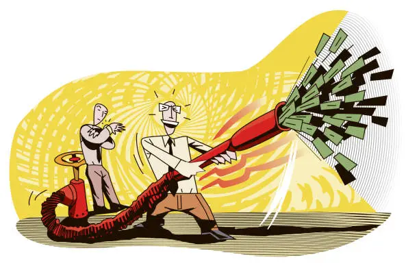 Vector illustration of businessman scattering money with a fire hose