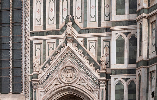 Rovinj, Croatia, Istria - September 29, 2023: Facade of 18th century baroque Saint Euphemia Church, main entrance