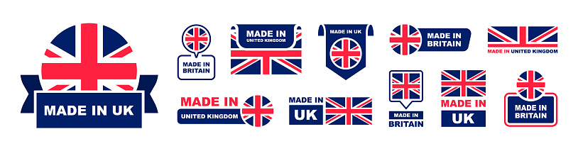 Made in UK labeling set. Collection of label made in UK. United Kingdom product emblem. Vector illustration.