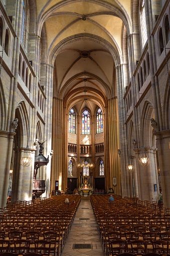 Dijon, France - August 8, 2023: Saint Benigne cathedral, 13th century Gothic church, interior of the cathedral, city of Dijon, France