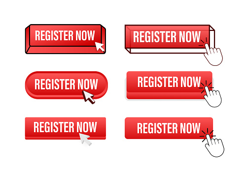 Register now Button with pointer clicking. Register now web buttons set. User interface element in flat style. Vector illustration