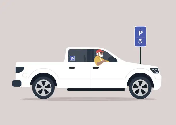 Vector illustration of A parking area designated specifically for individuals with disabilities, including those who use wheelchairs, providing accessibility and convenience for them