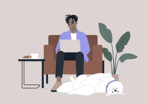 Vector illustration of A young millennial character sits comfortably in a leather chair, a laptop resting on their lap, actively engaged in an online work conversation, a funny Samoyed dog lies on its back at their feet