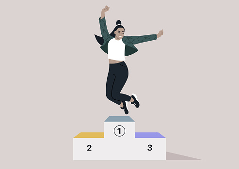 A triumphant young woman jumping for joy on a winner's podium, her hands raised high in celebration, exuding happiness and contentment with her victory