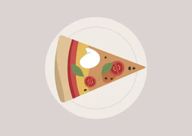 Vector illustration of A top-down view of a pizza slice topped with creamy burrata, savory tomato sauce, and fresh basil leaves, representing a delicious fast-food meal