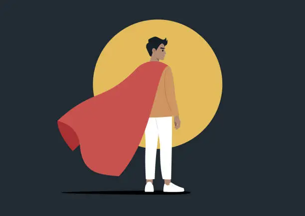 Vector illustration of A character standing in a spotlight, donning a vibrant red superhero cape, set against a dark background