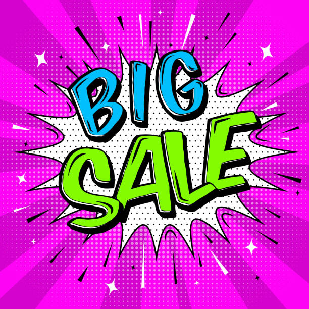 ilustrações de stock, clip art, desenhos animados e ícones de big sale banner in modern pop art comic cartoon style. speech bubble, halftone and beams with expressive big sale text, stars, sparks and lines. - retail occupation flash