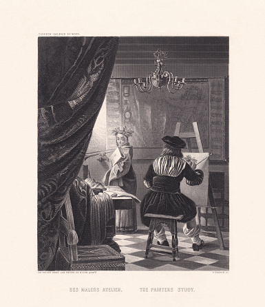 The Artist's Studio (or The Painter's Studio). Steel engraving after an oil painting (ca. 1665/66) by Johannes Vermeer (Dutch painter, 1632 - 1675) in the Museum of Art History (Kunsthistorisches Museum), Vienna, Austria, published ca. 1850.