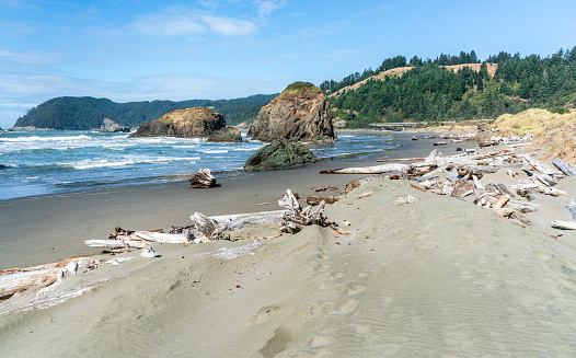 A view of Meyers Creek  Beach with waves and rock formations on the coast of Oregon State.