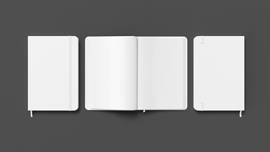 White cover notebook and opened notebook mockup on gray background. 3d illustration