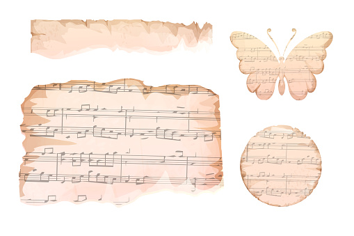 Set vintage torn paper, frames pieces paper butterfly from sheets aged with notes, melody carton isolated on white background, Scrapbook textured . Vector illustration