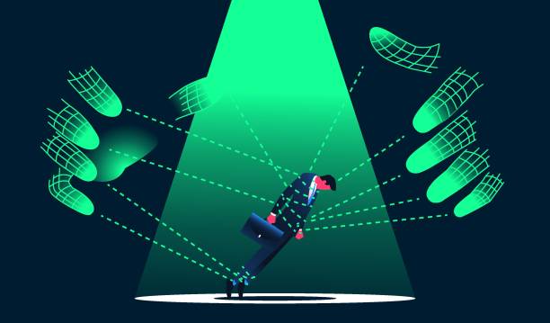 Digital hands manipulating by a man in the suit illustration Digital hands manipulating by a man in the suit. Internet risks, artifical intelligence anxiety concept. Vector illustration. puppet strings stock illustrations