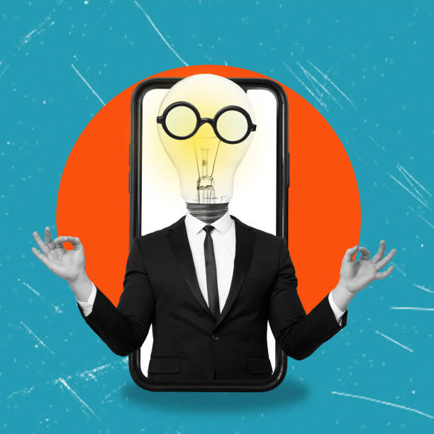 istock Contemporary art collage. Conceptual design. Man with light bulb head, from phone screen, standing in business suit. 1740928615