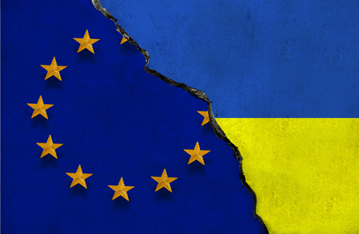 istock Flags of European Union and Ukraine flag together. The conflict between the European Union and Ukraine. 1740929784
