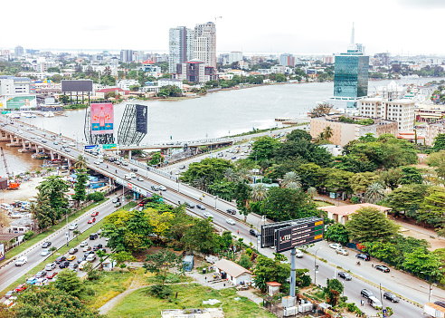 Lagos, Nigeria - Aerial view to Victoria Island roads and bridges.