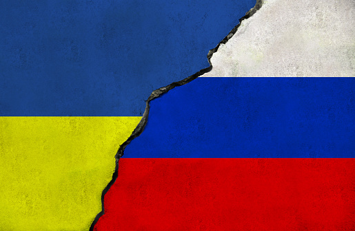 Ukraine and Russia flag together. Ukraine and Russia conflict.