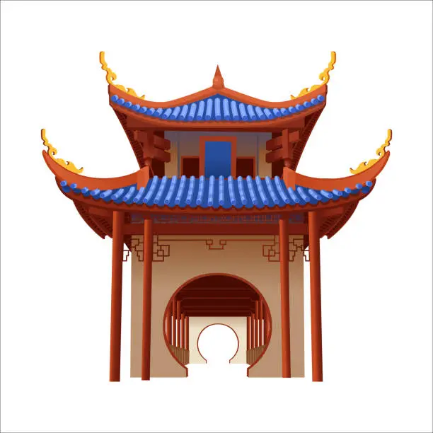 Vector illustration of Chinese temple. Gazebo, pavilion. Chinese architecture, weather.Vector in cartoon style.