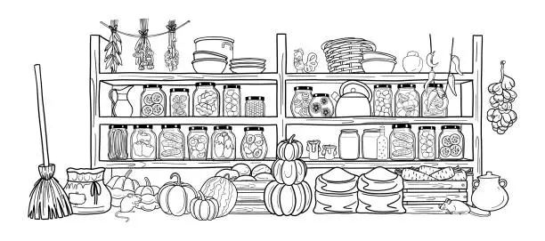 Vector illustration of Pantry, cellar with food preserves on shelves on white background. Vector interior of storeroom with vegetables and fruit, bags, glass jars on shelves in the cellar. linear style. Coloring.
