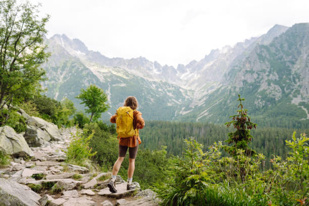 istock Smiling traveler with a bright backpack on a hiking mountain trail. 1740939420