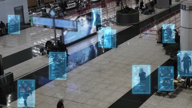 Facial recognition technology scan and detect people face for identification in crowded places. IOT CCTV, security camera motion detection system recognizes and identifies people using big data and AI