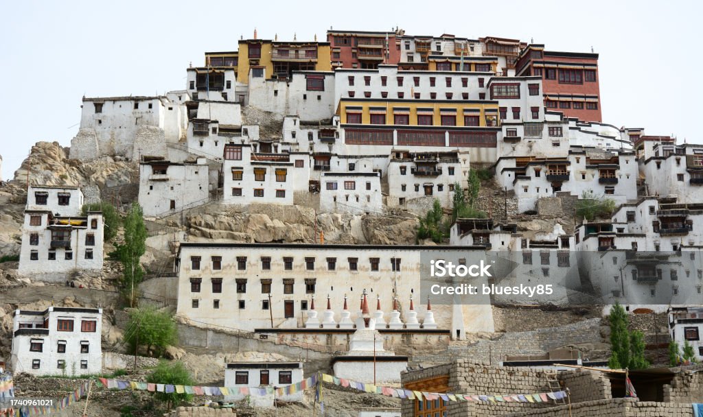 Ancient Tibetan temple on mountain View of Thiksey Monastery in Ladakh, North of India. Thiksey is noted for its resemblance to the Potala Palace in Lhasa, Tibet. Ancient Stock Photo