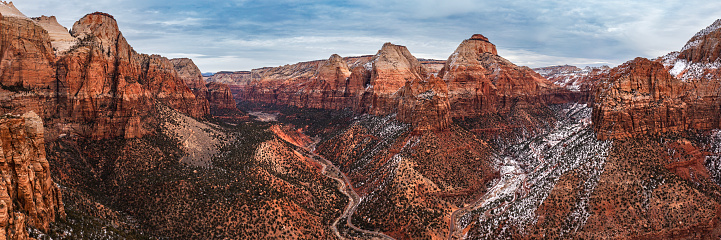 Landscape of Zion canyon lands covered in snow during winter. Utah, USA.