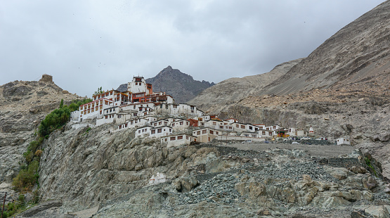Ancient Tibetan temple on mountain in Ladakh, North of India. Ladakh is renowned for its remote mountain beauty and culture.