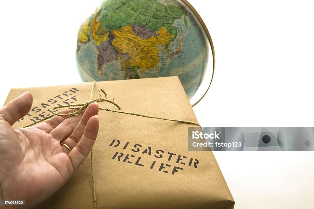 Disaster relief paczki. Glob tle. - Zbiór zdjęć royalty-free (Zarządzanie kryzysem)