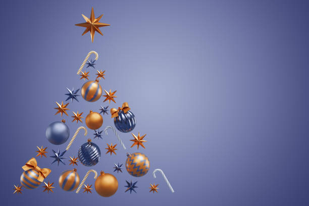 istock Christmas tree shape made from decorations baubles star candy canes. 3D rendering 1740986837