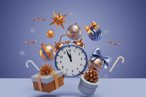 Christmas card with flying alarm clock gift box Christmas tree decorations. 3D rendering