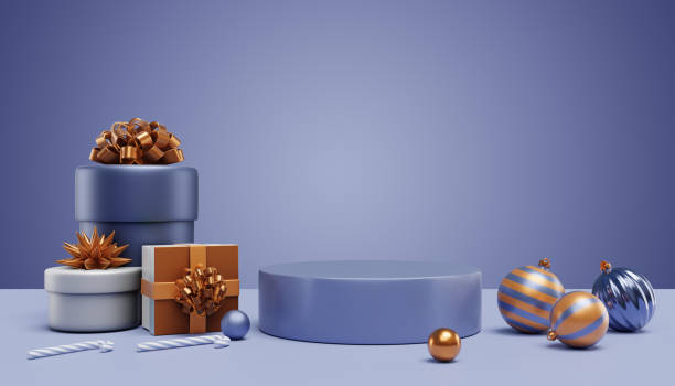 istock Merry Christmas.Gift boxes podium with Christmas tree branches and decorations on blue nova background. 3D rendering 1740987395