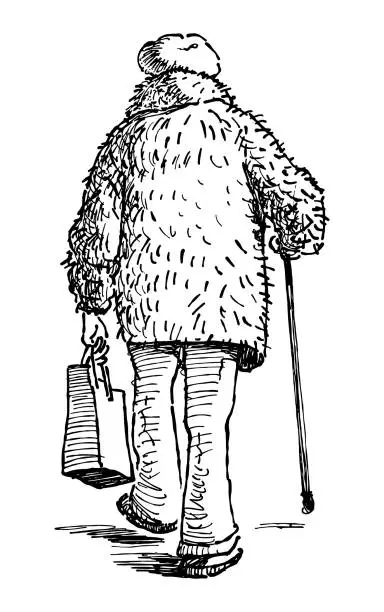 Vector illustration of Sketch of old woman in fur coat with walking stick strolling outdoors
