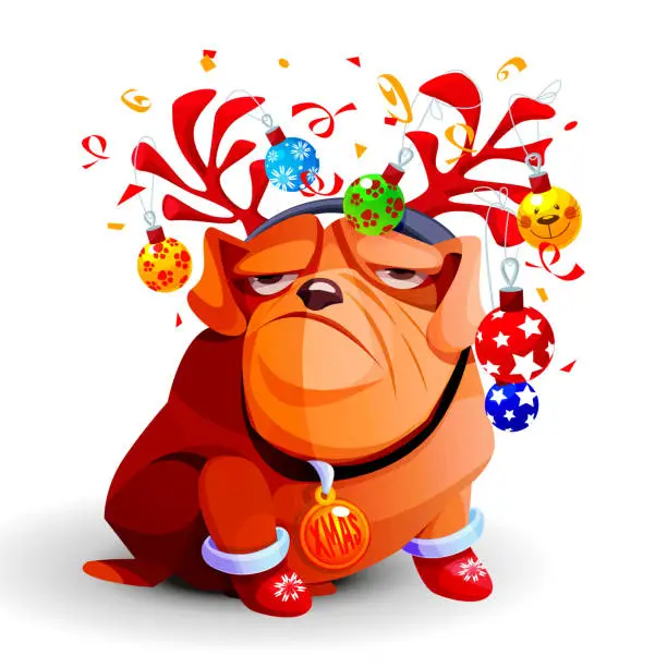 Vector illustration of New Year creative card in cartoon style. Funny bulldog with deer antlers and Christmas tree toys on a white background with confetti.